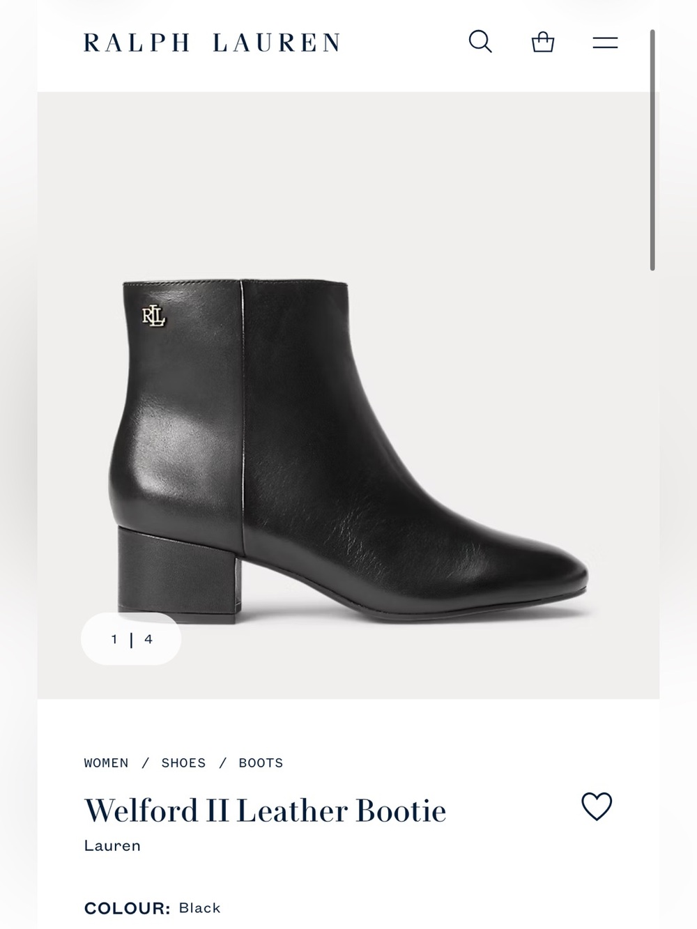 Ralph Lauren Black Leather Ankle Boot with Low Block Heel